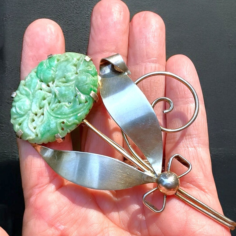 🌺RARE Vintage Sterling/Gold Jadeite Flower Brooch